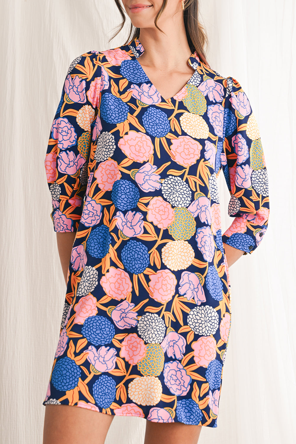 Navy Blue Hydrangea Floral V Neck Puff Sleeve Dress Short Dresses add5707c2bff5d98