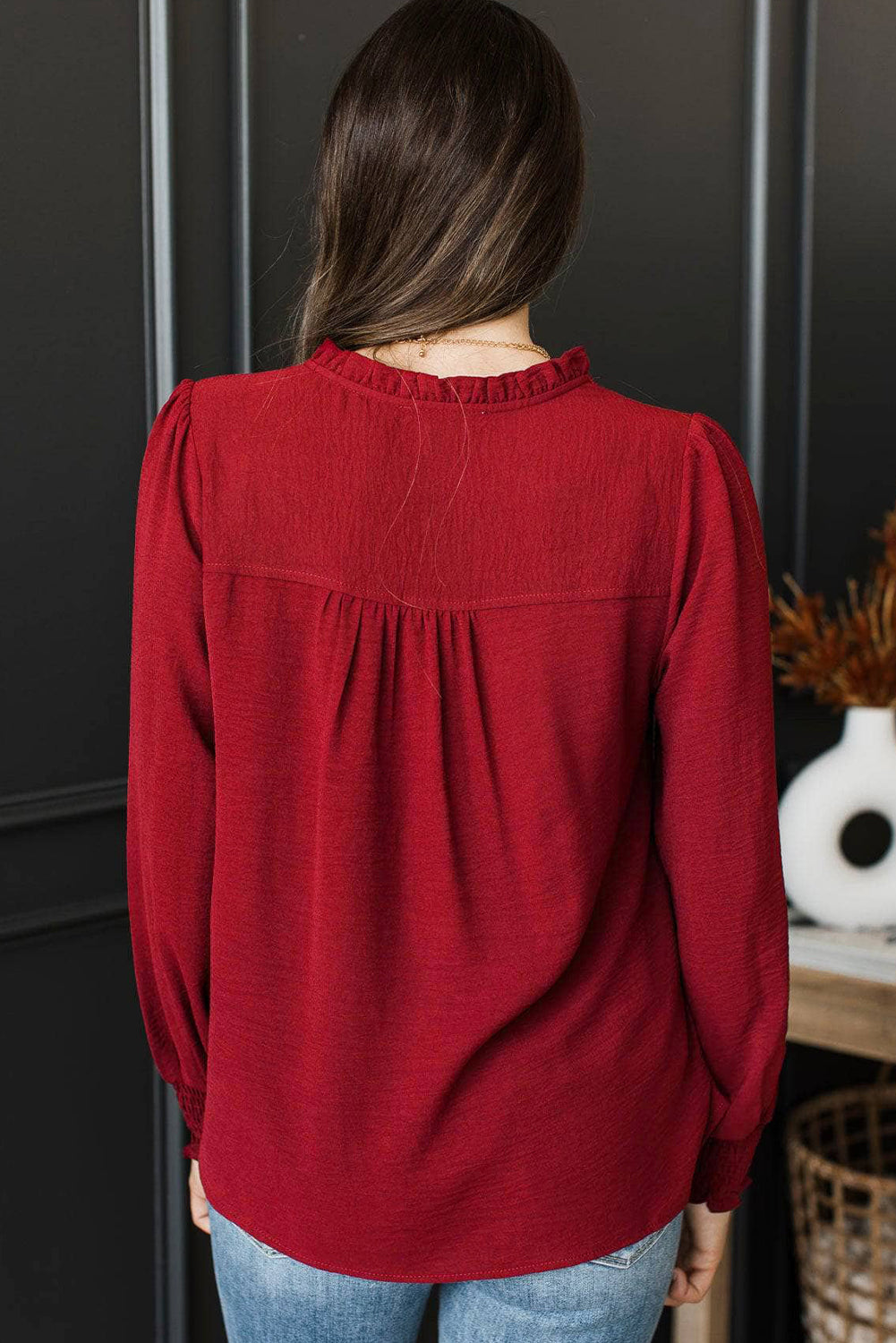 Burgundy Notched Neck Shirred Cuffs Long Sleeve Blouse Blouses adeff9d98e188cc1