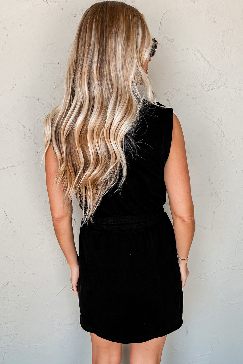 Black Terry Zipped Collar Sleeveless Drawstring Waist Mini Dress Short Dresses ae0648f915d42e10