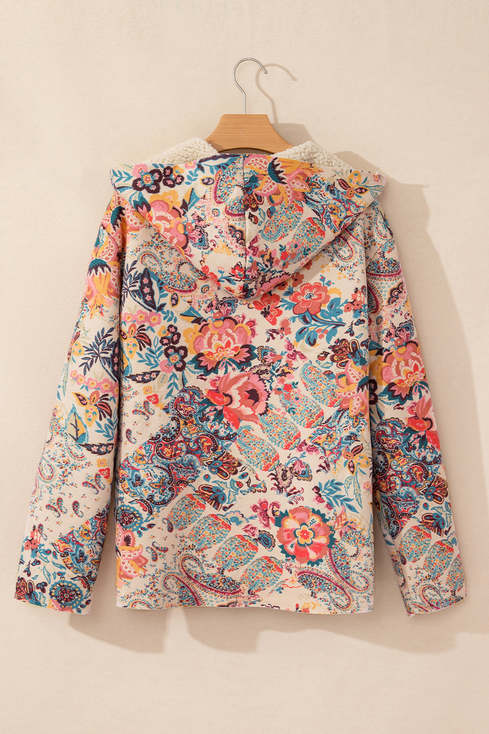 Beige Vintage Paisley Floral Printed Sherpa Lined Hooded Jacket Jackets ae0d0444a4f627a9