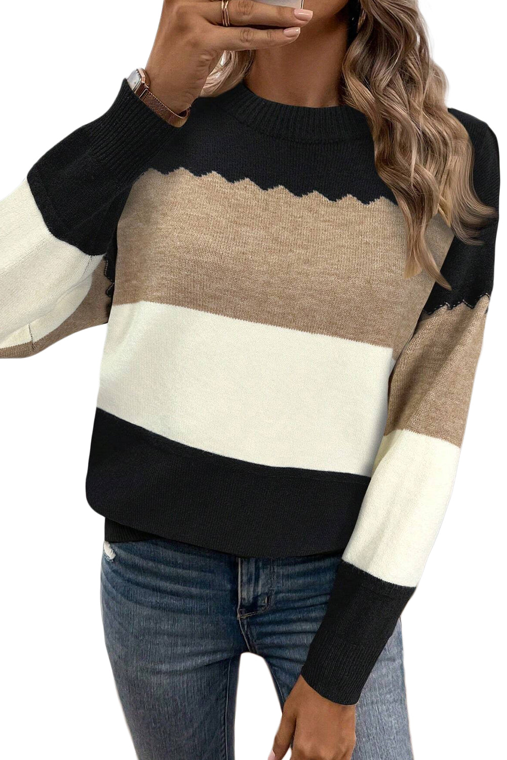 Black Colorblock Crew Neck Drop Shoulder Sweater Sweaters ae1312e5f1c2b1fe