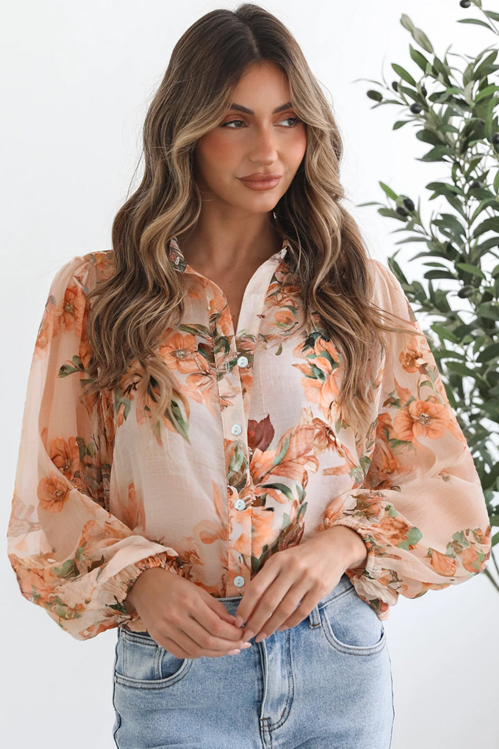 Orange Floral Puff Sleeve Lightweight Shirt Blouses ae1b77b0d443a987
