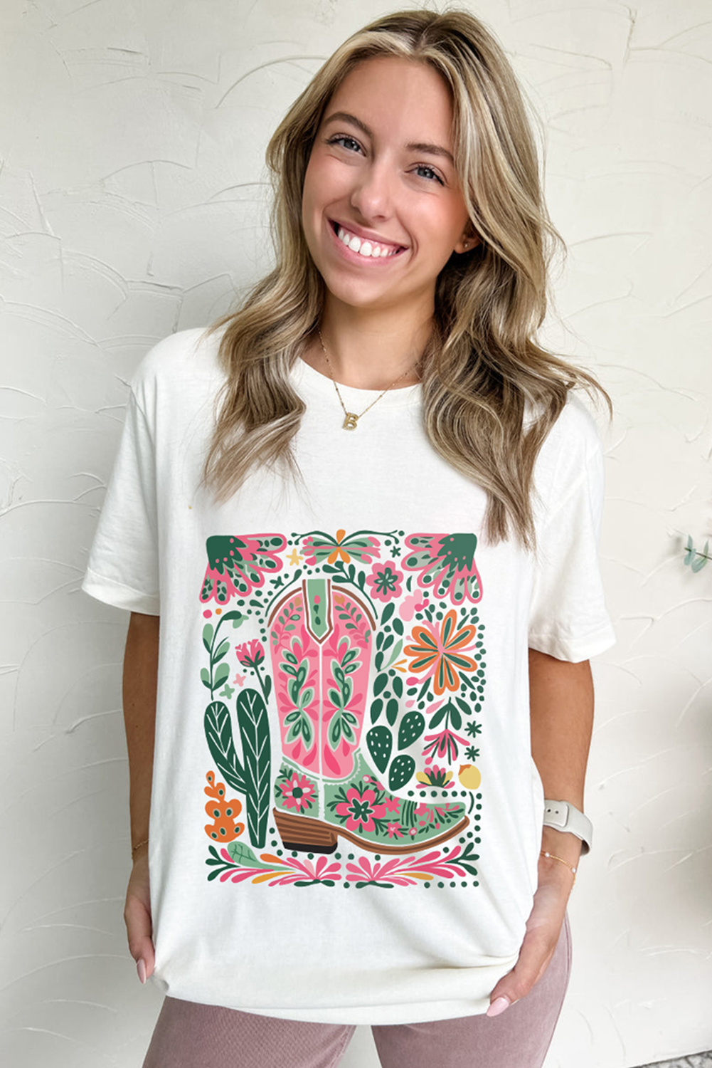 White Boots Flower Heat Transfer Printing Crew Neck Graphic Loose Tee Graphic Tees ae7fdaf20807493a