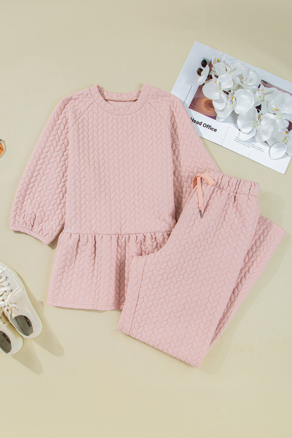 Delicacy Braided Texture Ruffle Hem Top Drawstring Loose Pants Set Two Piece Pants Sets aef02168eaf8fc5a