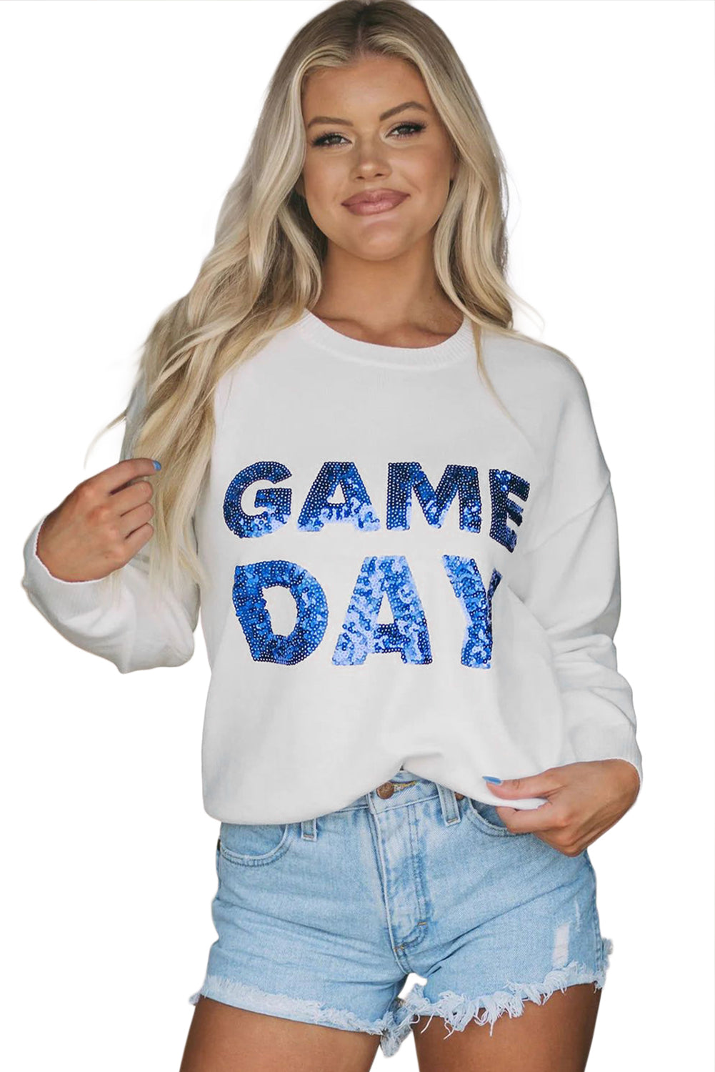 White Sequins GAME DAY Graphic Round Neck Sweater Sweaters aefa8a991dfa8774