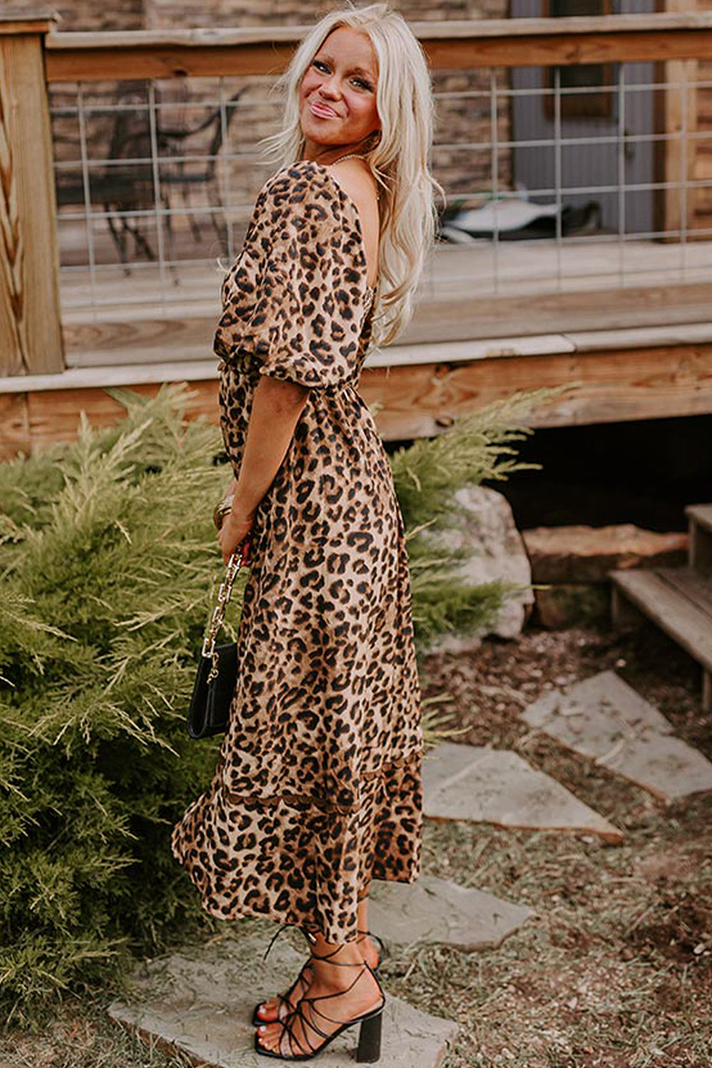 Brown Leopard Print Puff Sleeve Ricrac Maxi Dress Maxi Dresses af085368fea27aa4