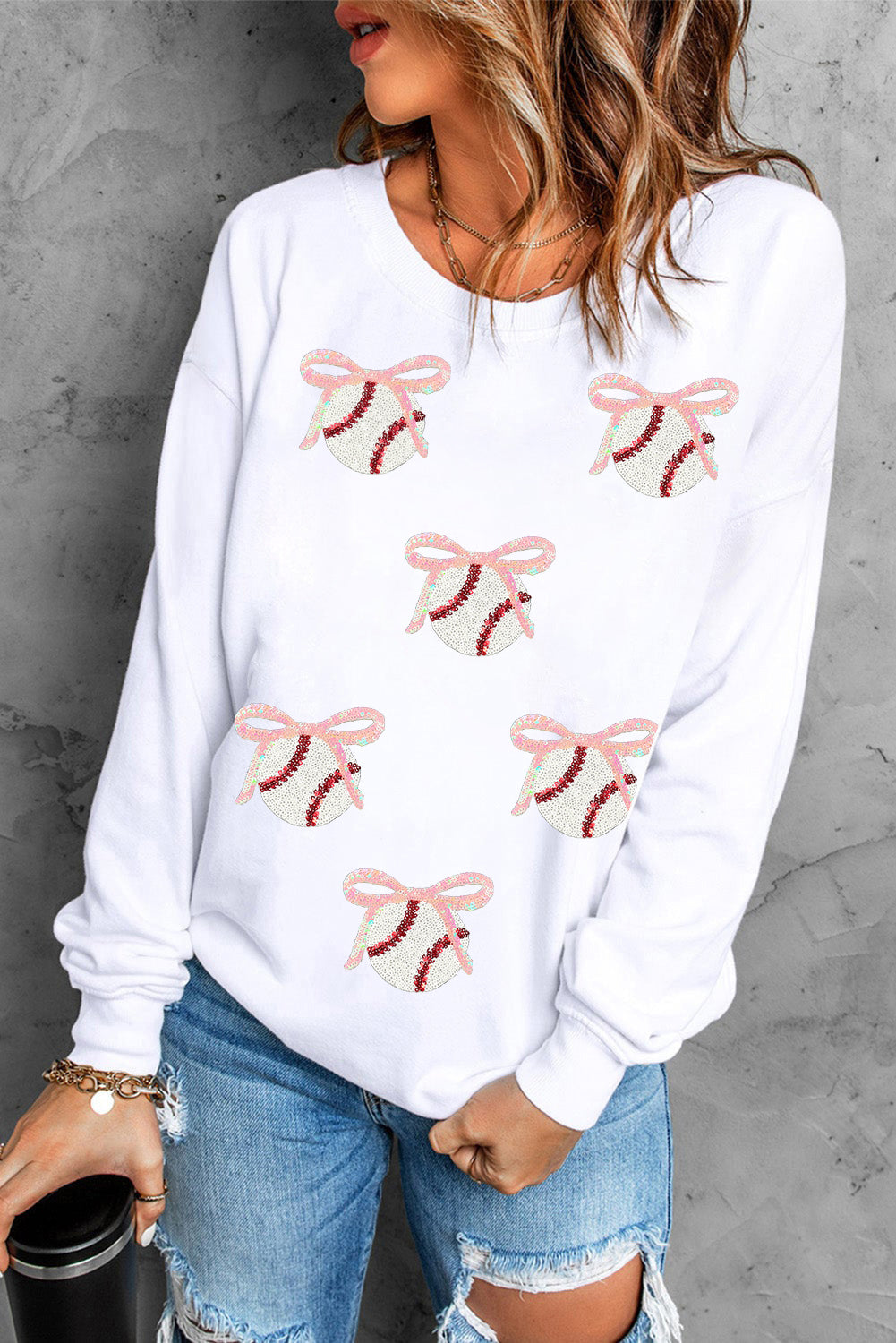 White Sequin Bow Baseball Patched Casual Sweatshirt Graphic Tees af357b75b5692314