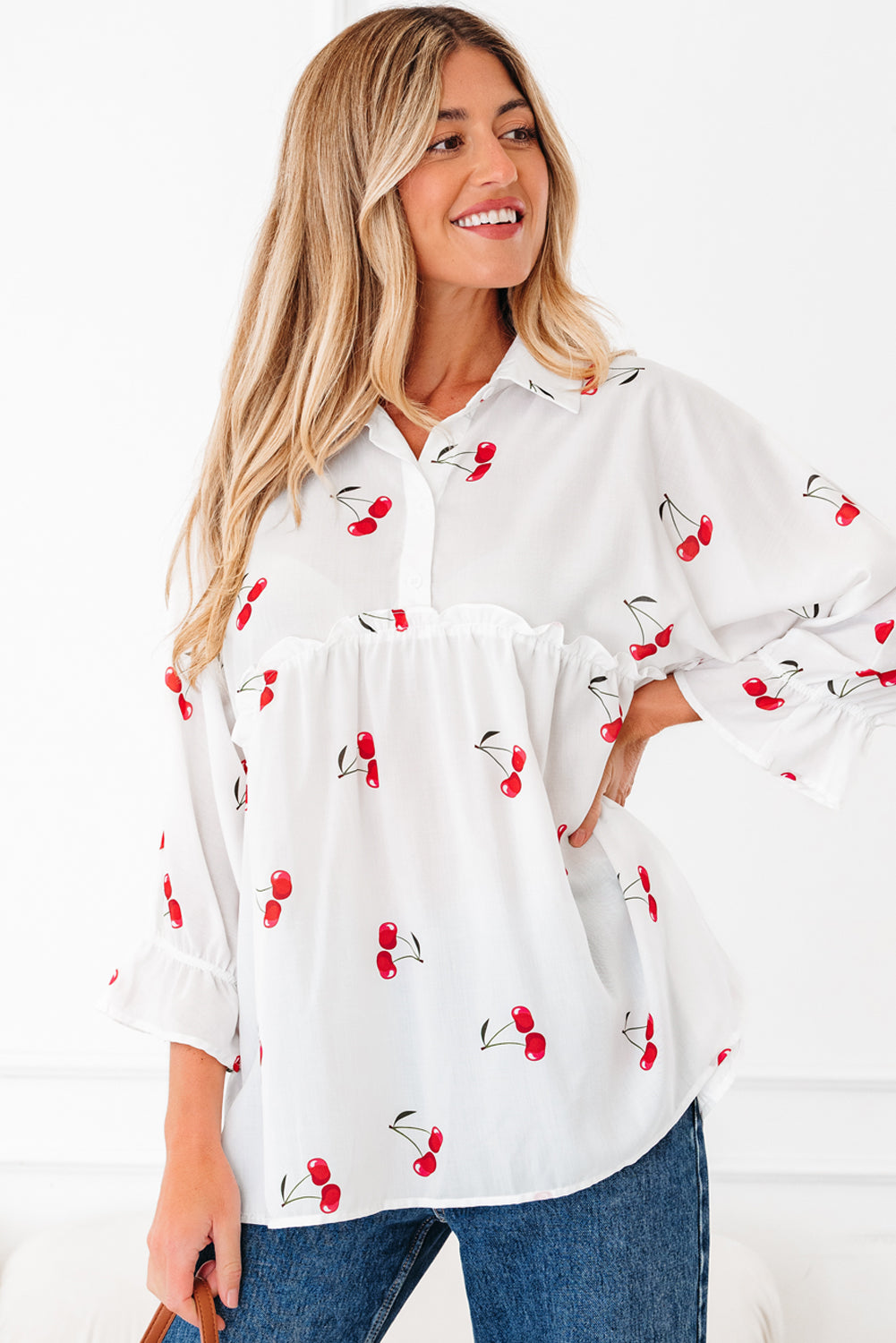 White Cherry Print Flounce Sleeve Collared Frilled Babydoll Blouse Blouses af4c518d42d50b62