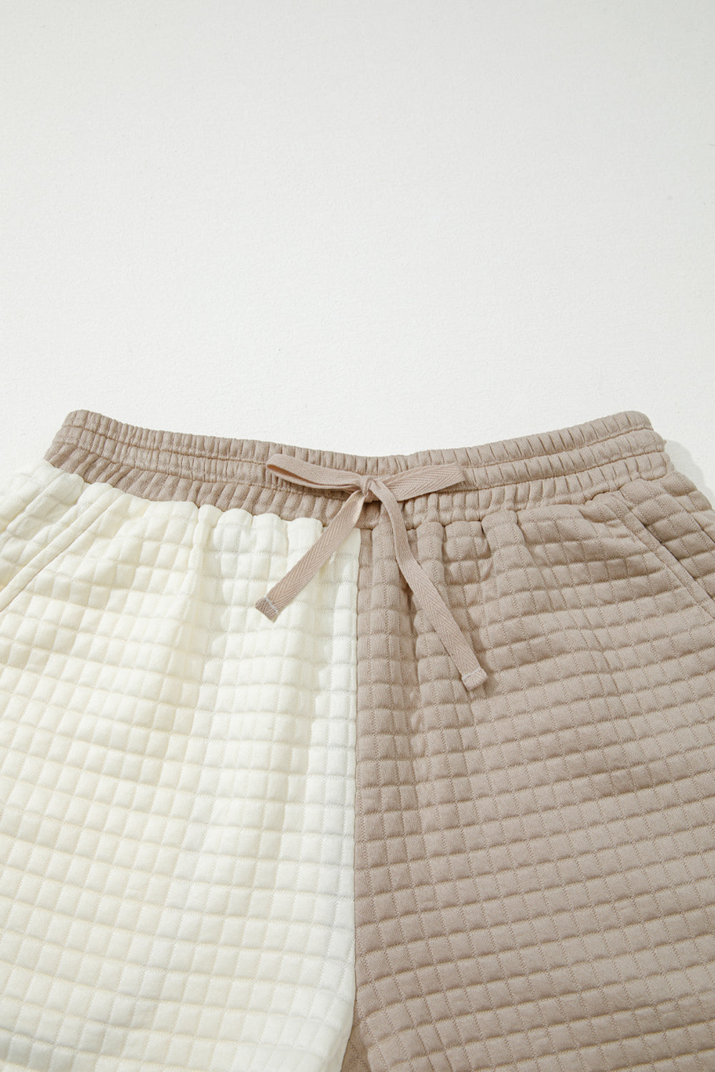 Khaki Color Block Patchwork Textured Long Sleeve Top and Shorts Set Two Piece Shorts Sets af95e3e43c775d9e