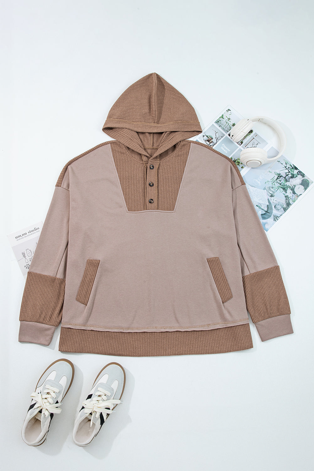 Goat Waffle Patchwork Plus Size Pocketed Hoodie Plus Size Tops afd26188c36188dd