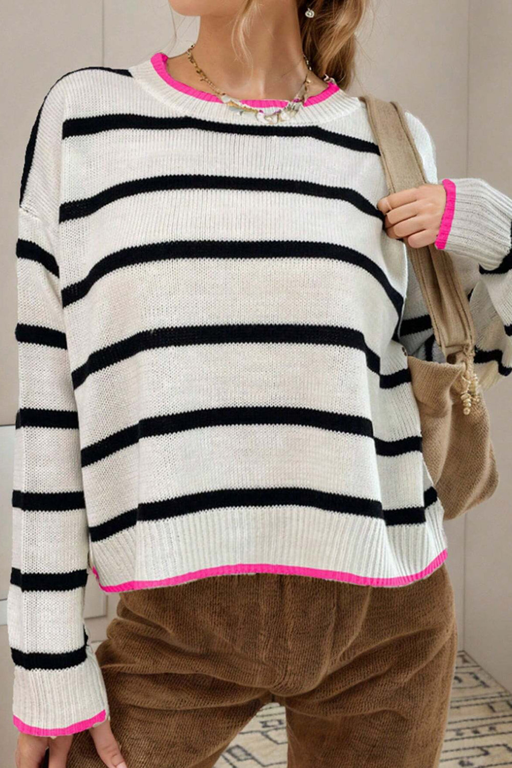 White Stripe Contrast Trim Drop Shoulder Sweater Sweaters aff895ae278af815
