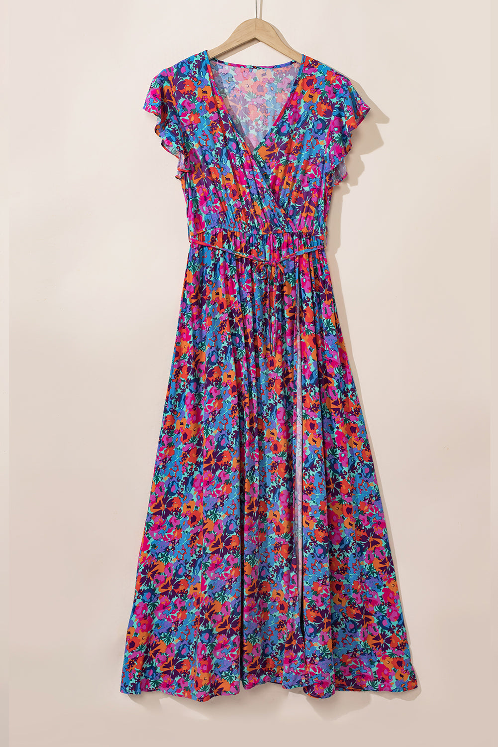Blue Boho Floral Print V Neck Wrap Split Maxi Dress Maxi Dresses aff8a5c1ee03f967