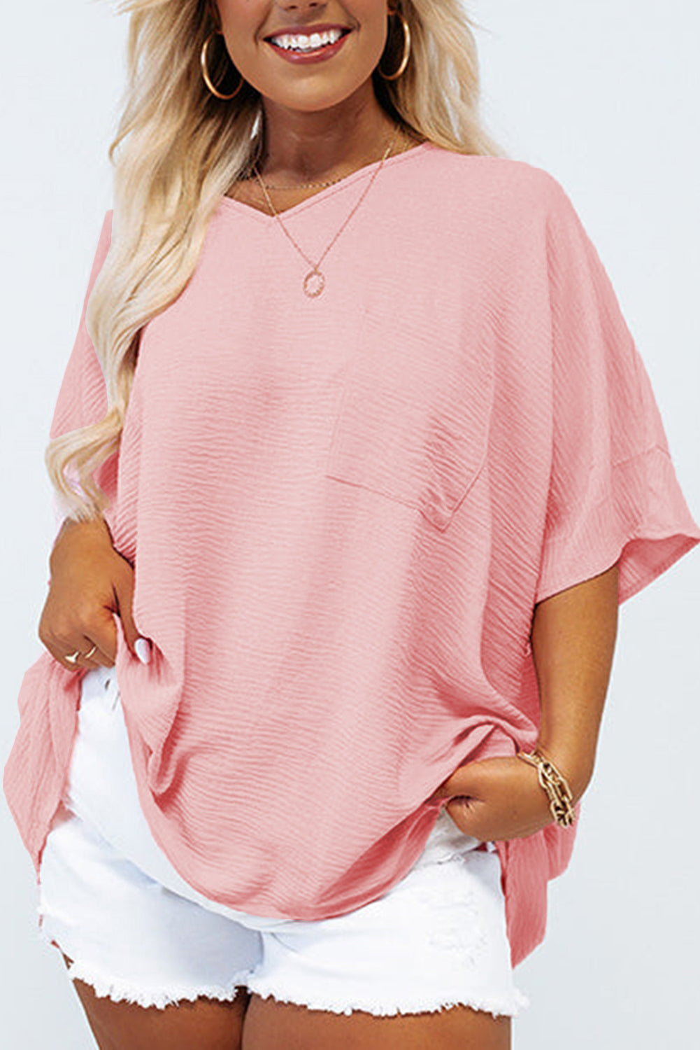 Pink Solid Color V Neck Textured Plus Size Blouse Plus Size Tops b01505a28d7e9592