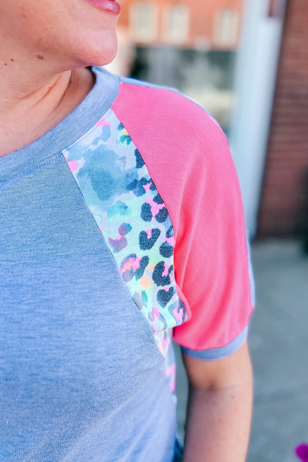 Sky Blue Leopard Print Colorblock Plus Size T Shirt Plus Size Tops b045ff5727f7fdf7