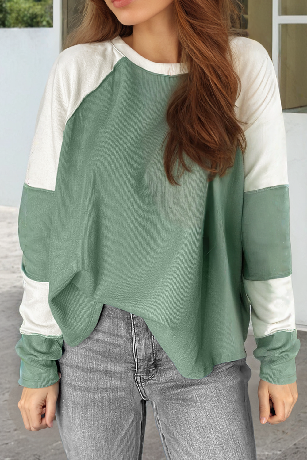 Mint Green Ribbed Colorblock Patchwork Raglan Long Sleeve Top Long Sleeve Tops b0483f68eb8aea23