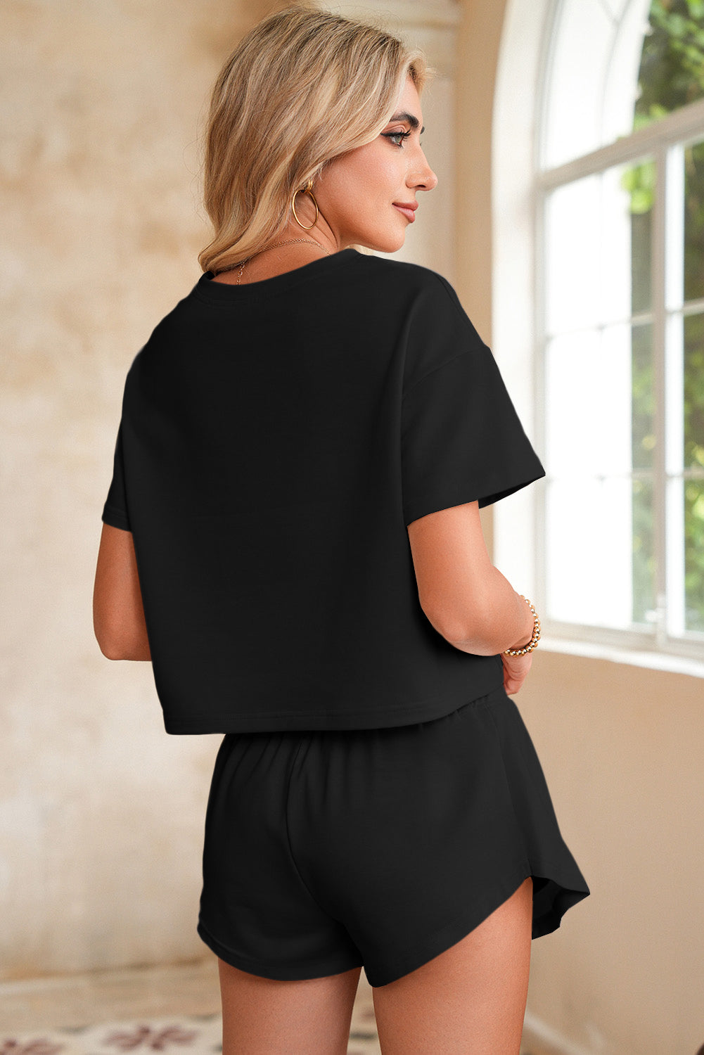 Black Cropped Tee and Ruffle High Waist Skort Set Two Piece Shorts Sets b0705f06ba8b1d48