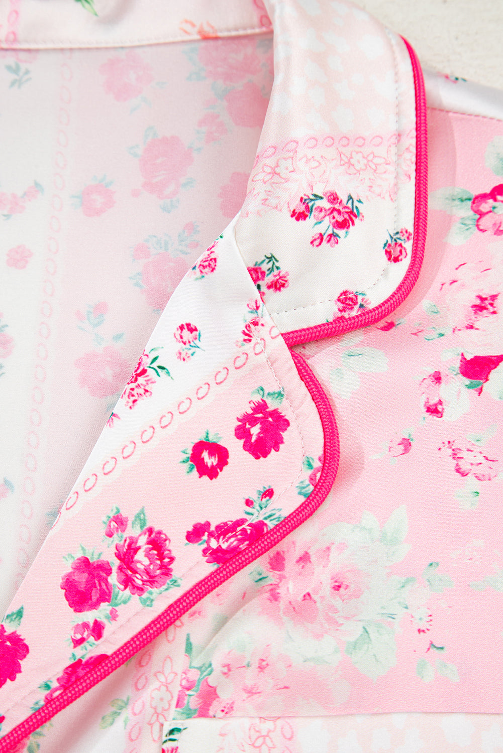 Pink Mixed Floral Print Contrast Piping Trim Satin Tie Pajama Set Loungewear Set b07c4934618cb1bb