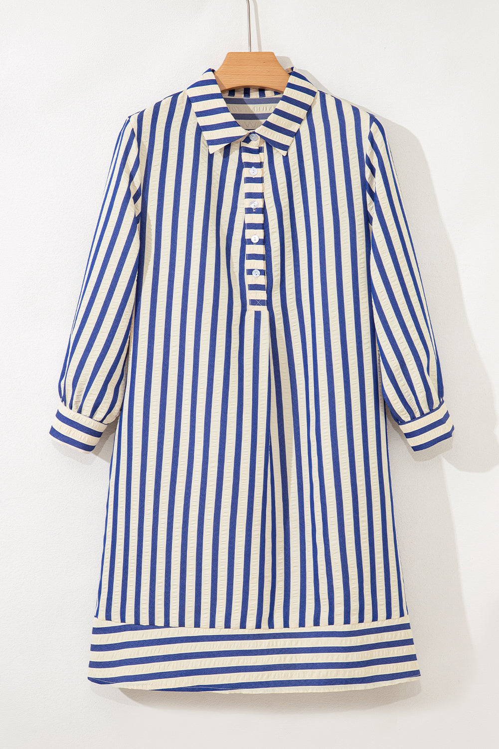 Blue Striped Collared Half Button Side Pockets Loose Fit Mini Dress Short Dresses b0a5a7e8aa36e892