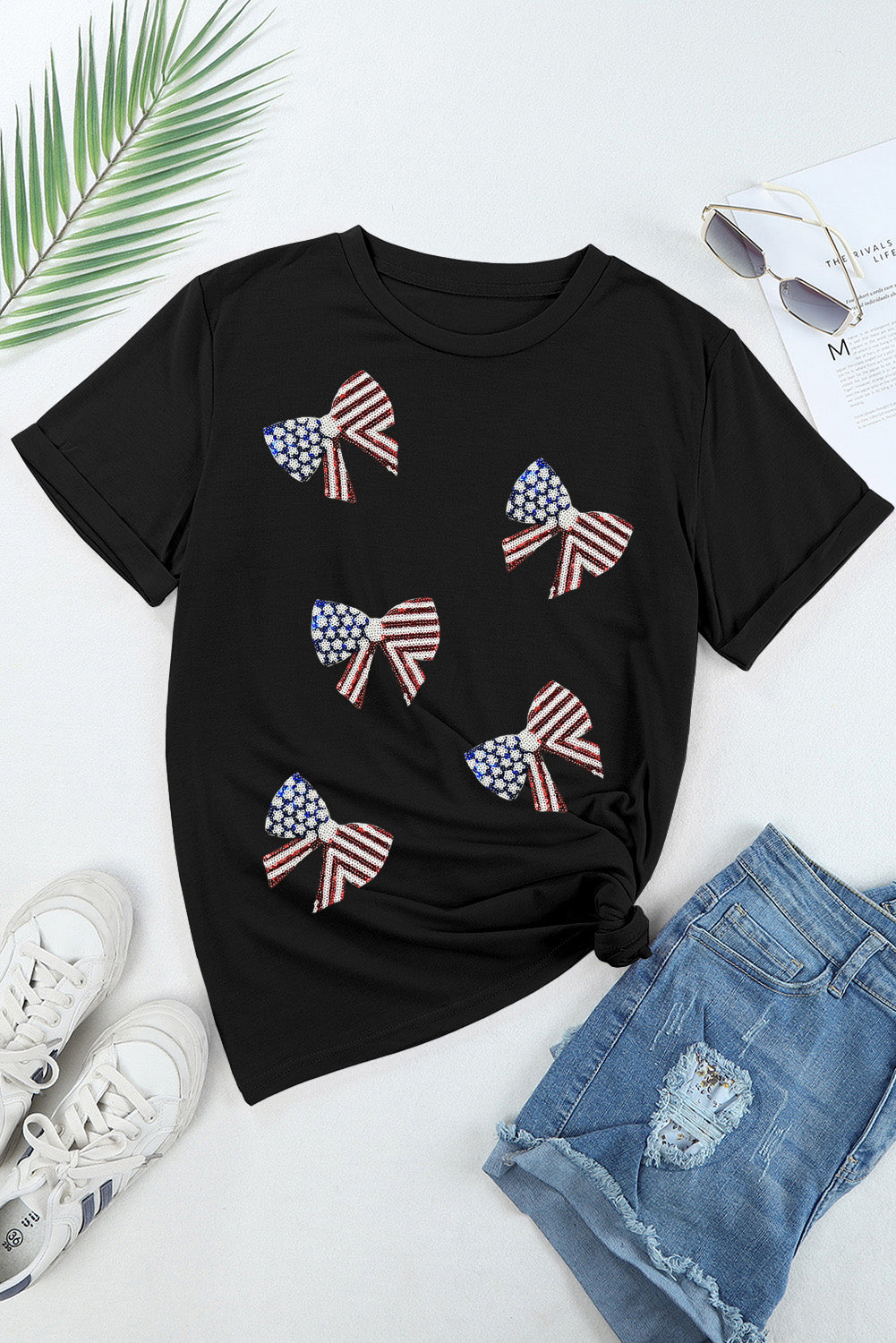 Black Sequined Flag Bowknot Graphic Roll Up Sleeve T Shirt Graphic Tees b0bef00a4edab2c4