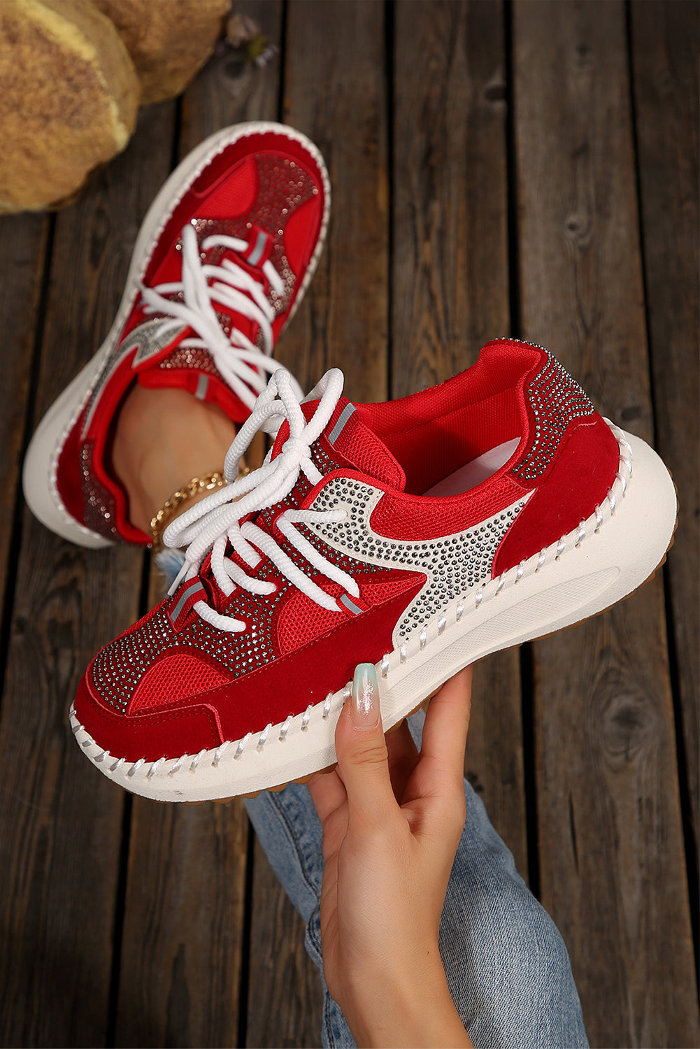 Fiery Red Rhinestone PU Leather Platform Casual Sneakers Sneakers b0e948ec73a8c9ff