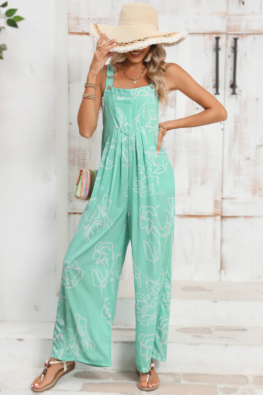 Moonlight Jade Abstract Print Wide Leg Bib Overall Jumpsuits b0eeb0e18bee90b0
