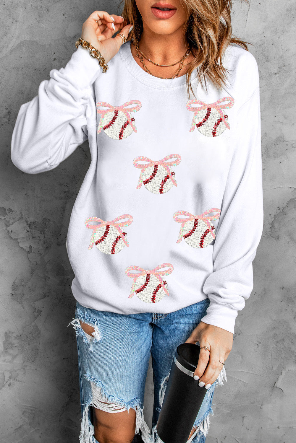 White Sequin Bow Baseball Patched Casual Sweatshirt Graphic Tees b179cd751e850d6d