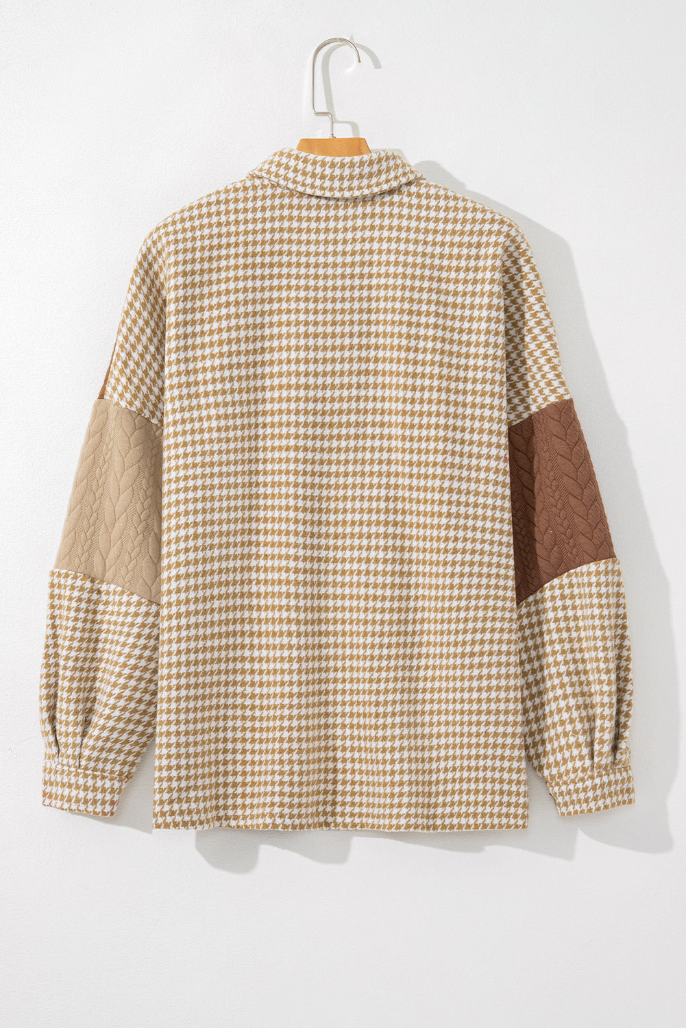 Khaki Houndstooth Textured Patchwork Loose Shacket Jackets b198f9ae09ac3fa9