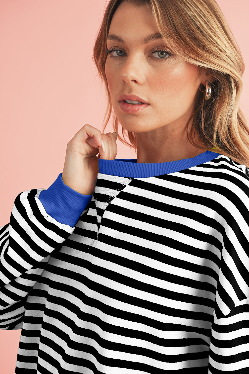 Blue Stripe Contrast Edge Cross Seam Oversized Pullover Sweatshirts & Hoodies b1c0674b0cbfabbc