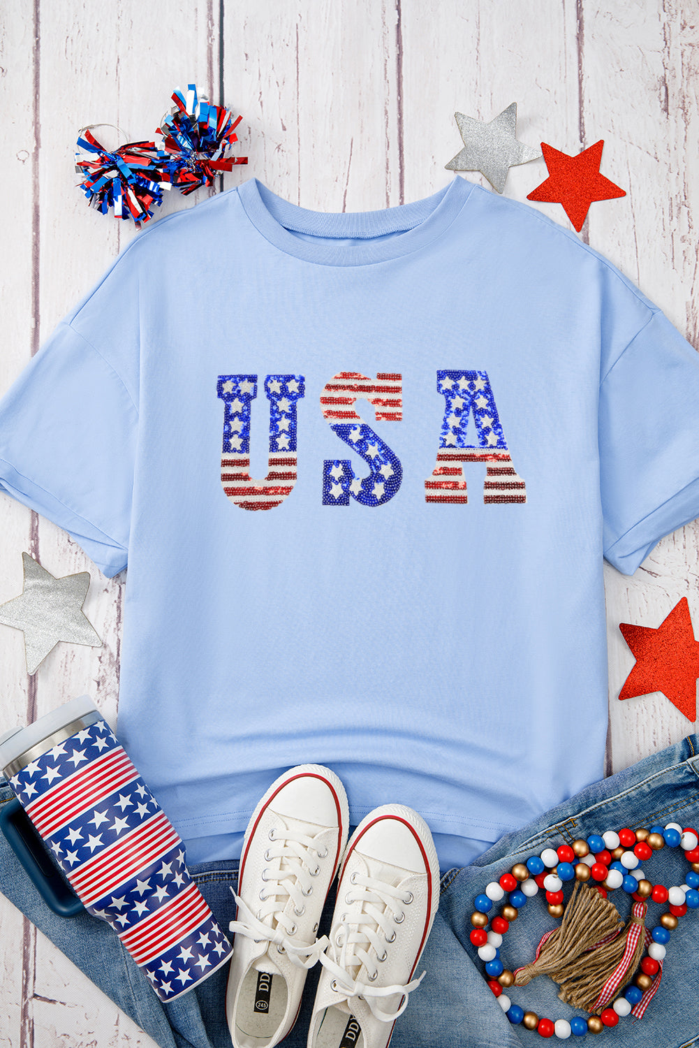 Myosotis USA Sequins Patch Drop Sleeve Crewneck T Shirt Graphic Tees b1e6ad0c6fbdf781