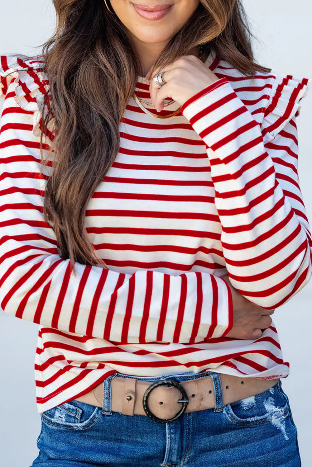 Red Striped Ruffle Shoulder Long Sleeve Top Long Sleeve Tops b220ddb5d1a3a90c