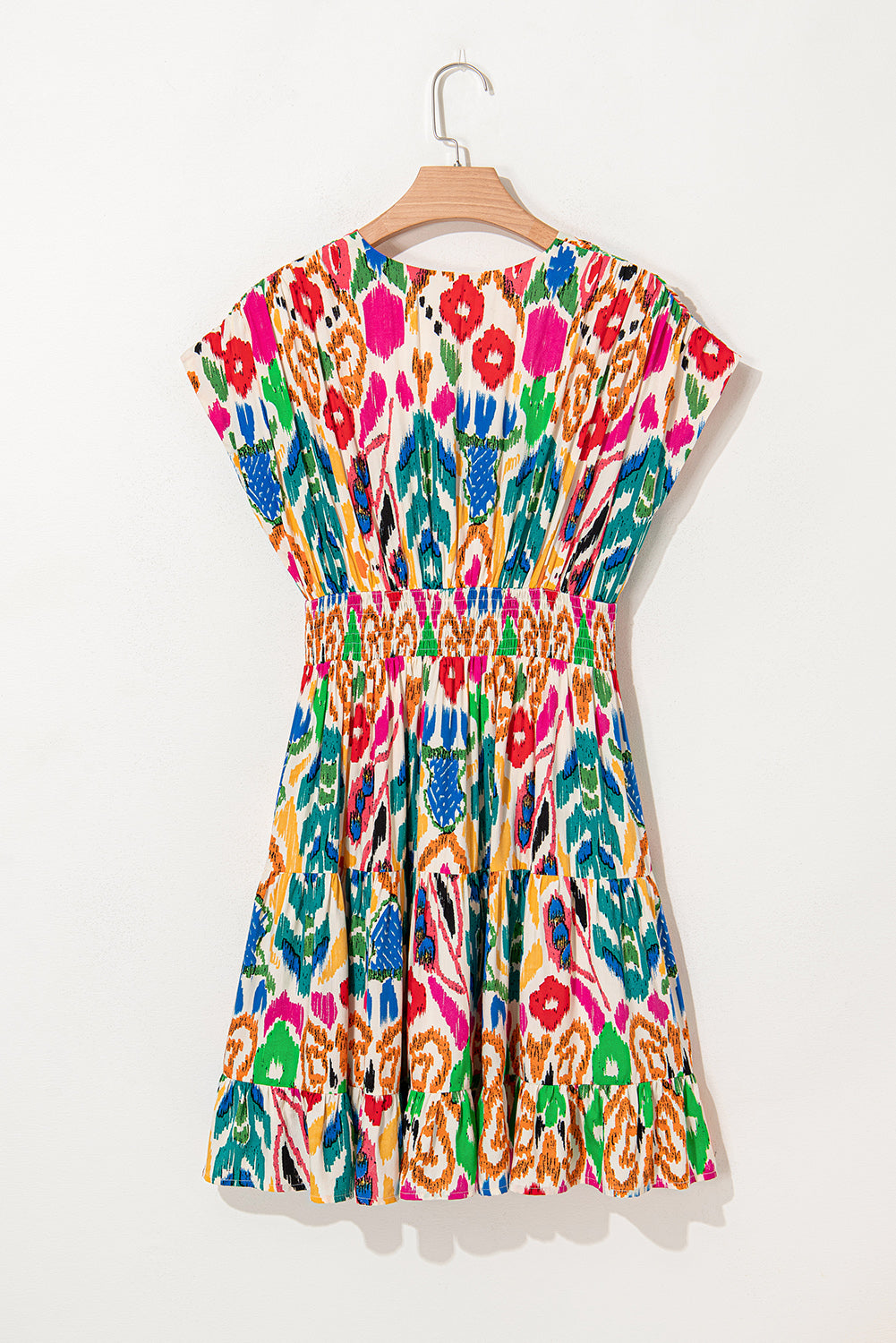 Sky Blue Abstract Print V Neck Dolman Sleeve Ruffle Tiered Mini Dress Short Dresses b25813bac6d3c7bf