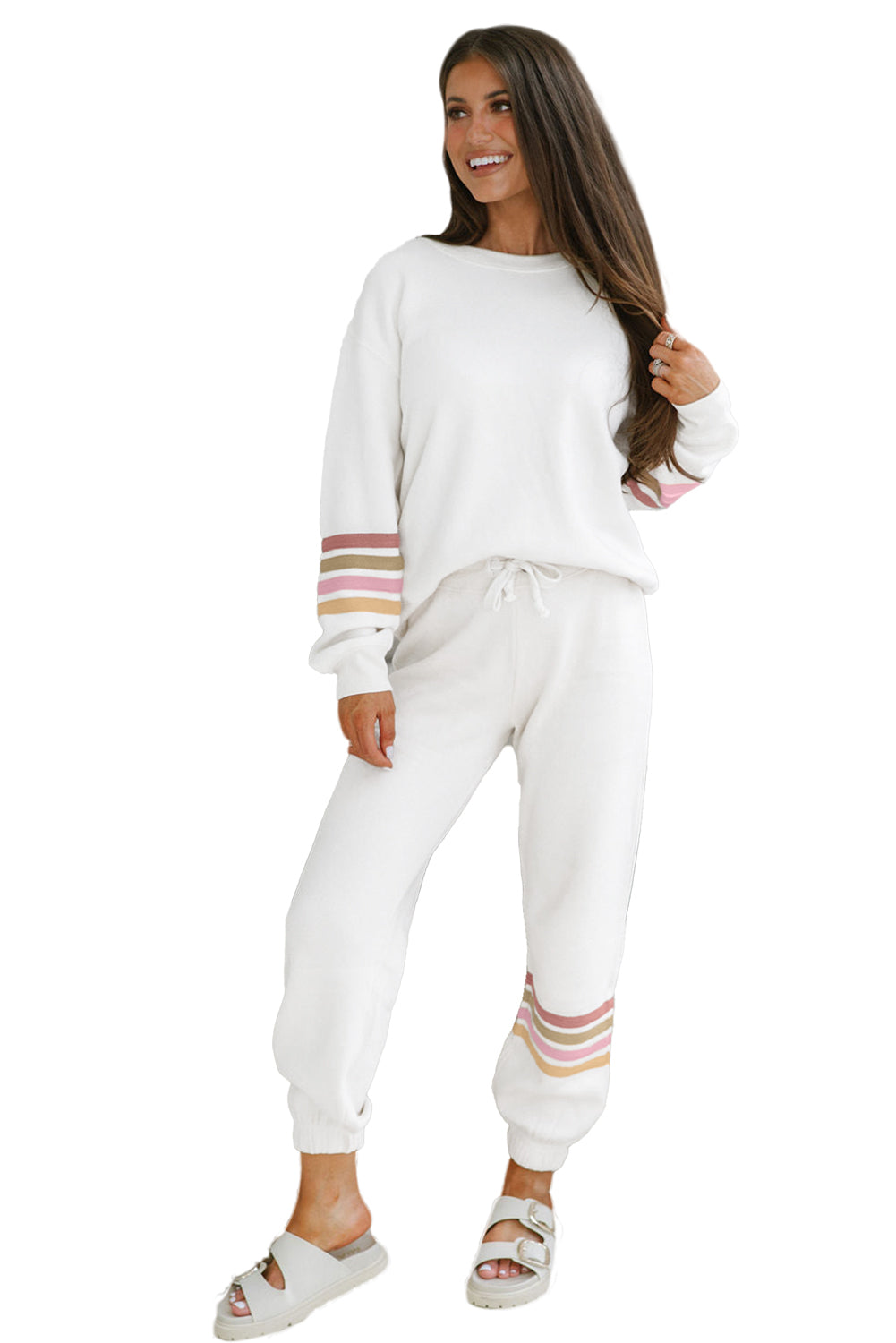 Beige Striped Drop Shoulder Pullover and Jogger Pants Active Outfit Two Piece Pants Sets b281cce55c192599