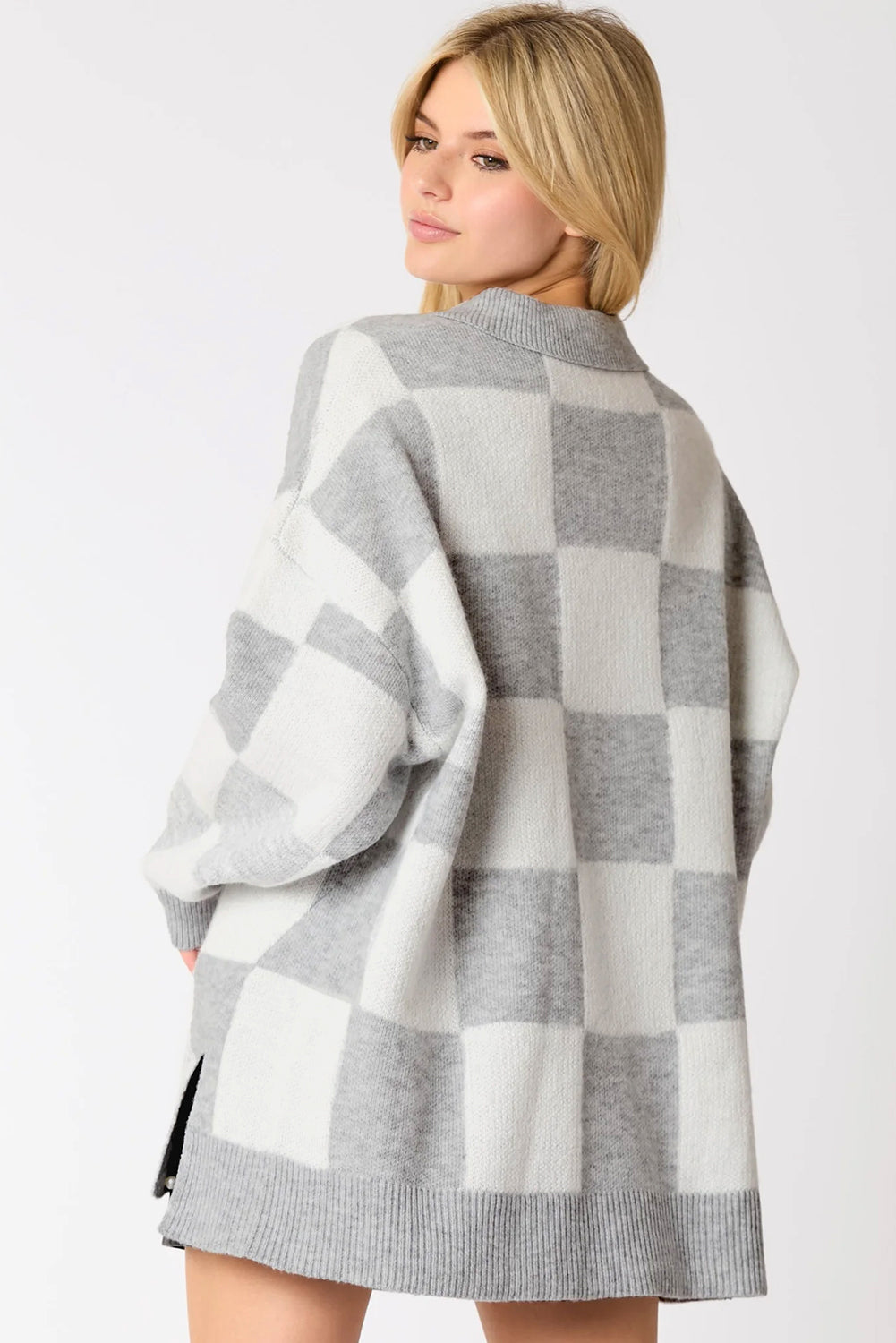 Gray Plus Size Checkered Pattern Button Polo Collar Split Sweater Plus Size Sweaters&Cardigans b2f16ada3b04cb87