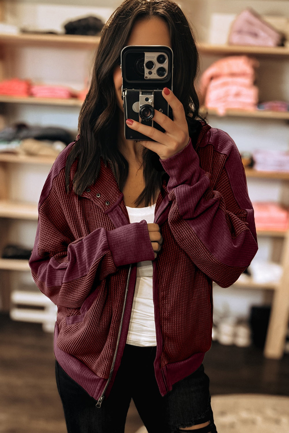 Burgundy Waffle Splicing Zip Up Front Button Hooded Jacket Jackets b32b5401d9a229a8