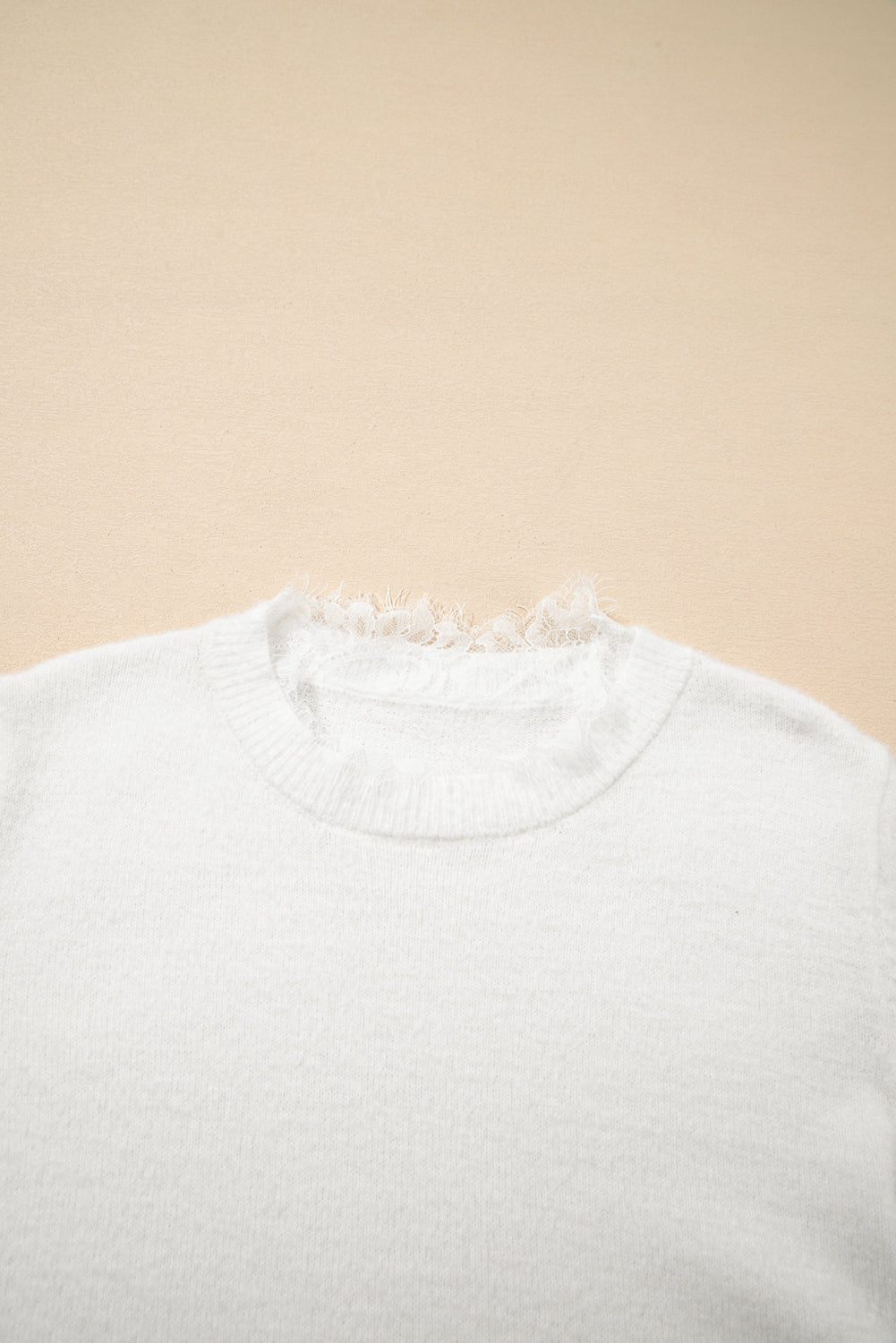 Beige Lace Sleeve Patchwork Faux Two-piece Fuzzy Sweater Sweaters b32fb29a1cbbc82f