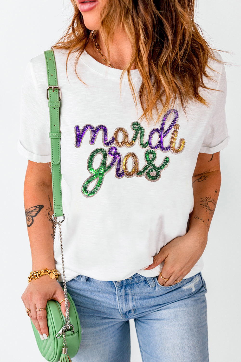 Wisteria Sequin mardi gras Letter Print Crewneck Tee Graphic Tees b379c9f886b417bd