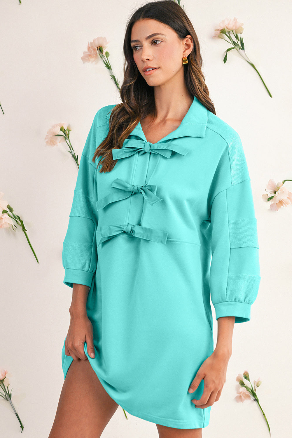 Moonlight Jade Bow Front Patchwork Bracelet Sleeve Mini Dress Short Dresses b3e8fd0d57732070