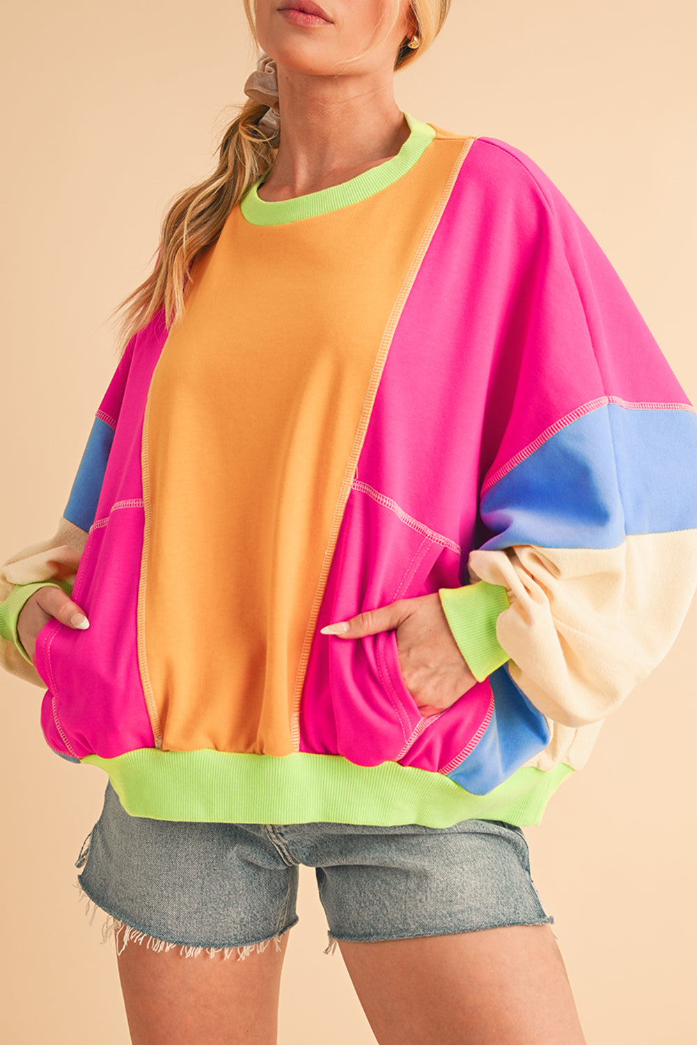 Orchid Petal Colorblock Patchwork Drop Shoulder Top Long Sleeve Tops b3f696281ce2bcd0