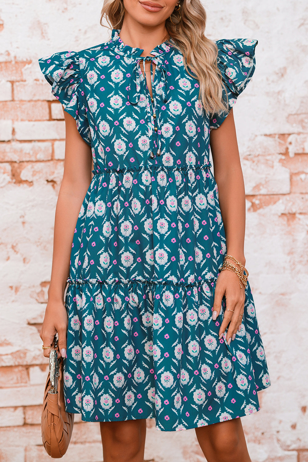 Blue Retro Floral Print Split Neck Ruffle Short Sleeve Dress Short Dresses b41724d597c2f4c3