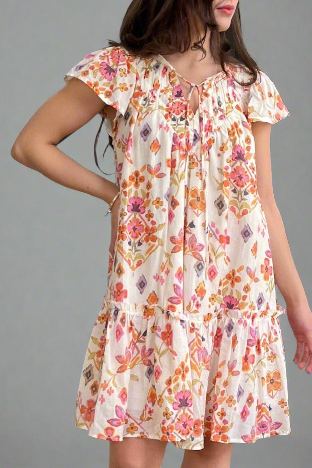 Apricot Floral Print Ruffled Trim Flutter Sleeve Mini Dress Short Dresses b45be649f6c2c1d3