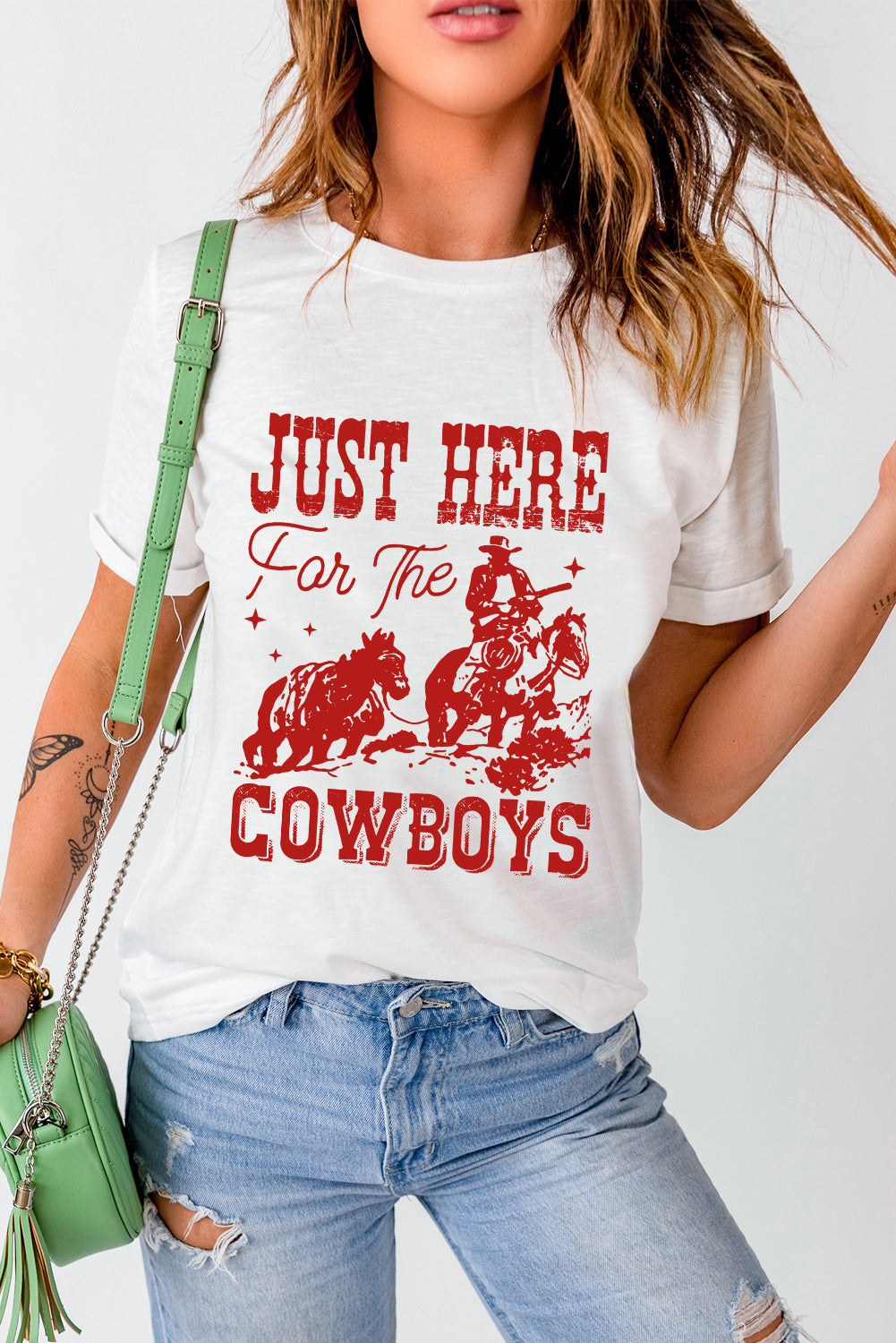 White JUST HERE For THE COWBOY Crew Neck T Shirt Graphic Tees b4631543e9402fb6