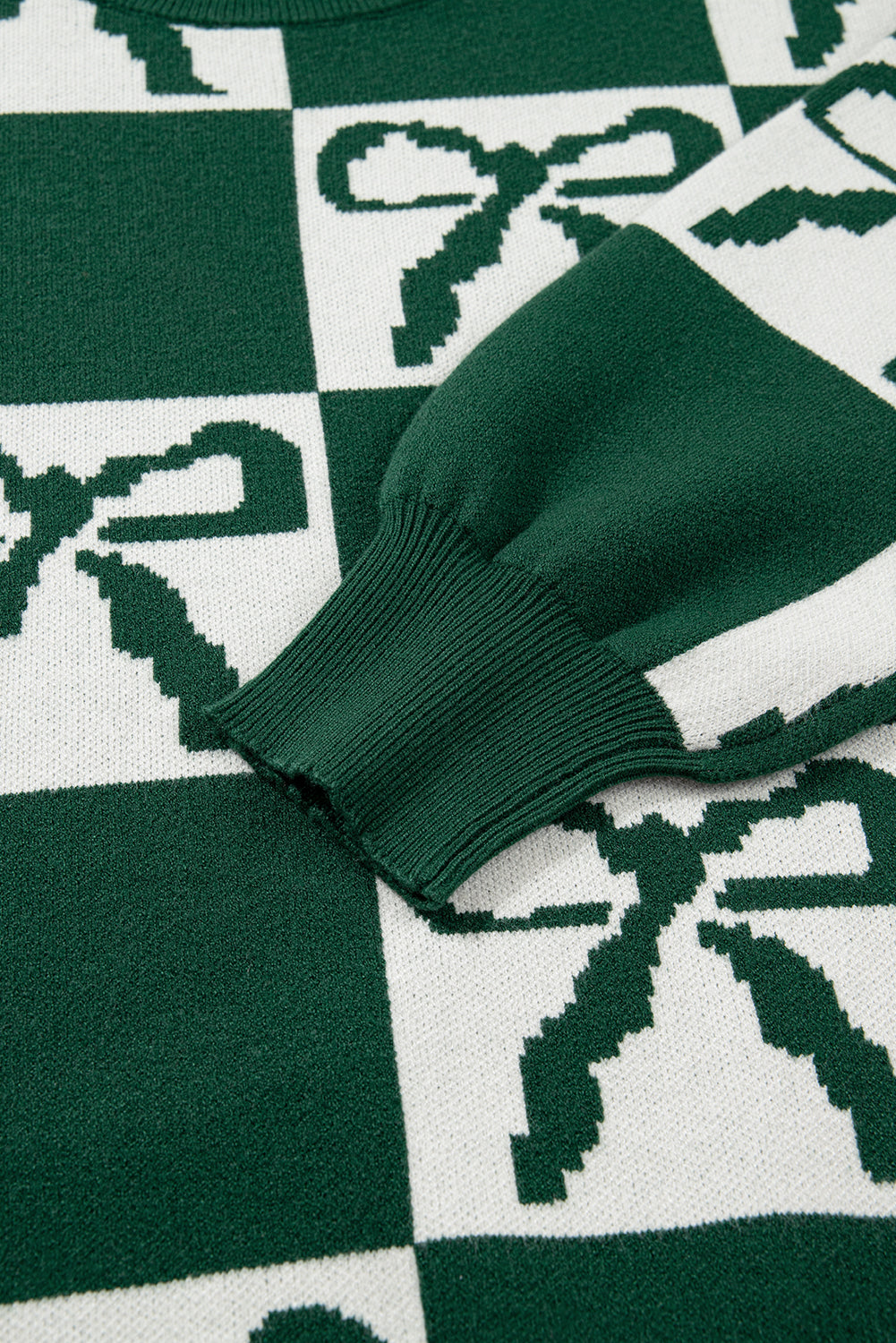 Blackish Green Bow Print Checkered Knit Sweater Sweaters b46cbcd3da4e6955