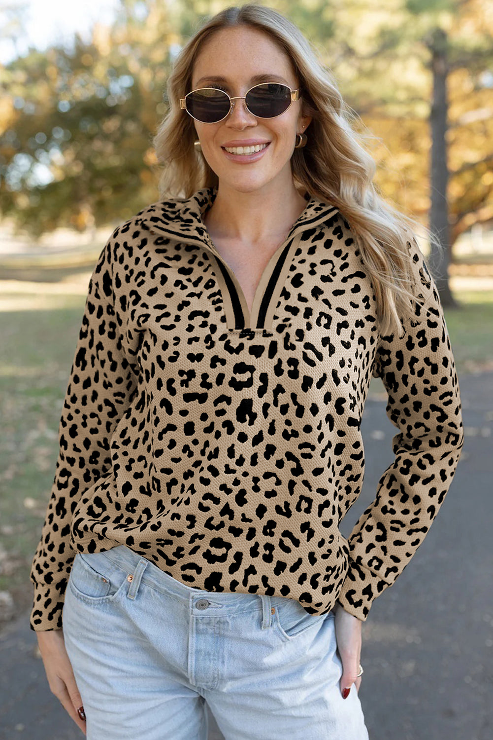 Parchment Allover Leopard Contrast Trim V Neck Top Long Sleeve Tops b49bbe50c02a3268