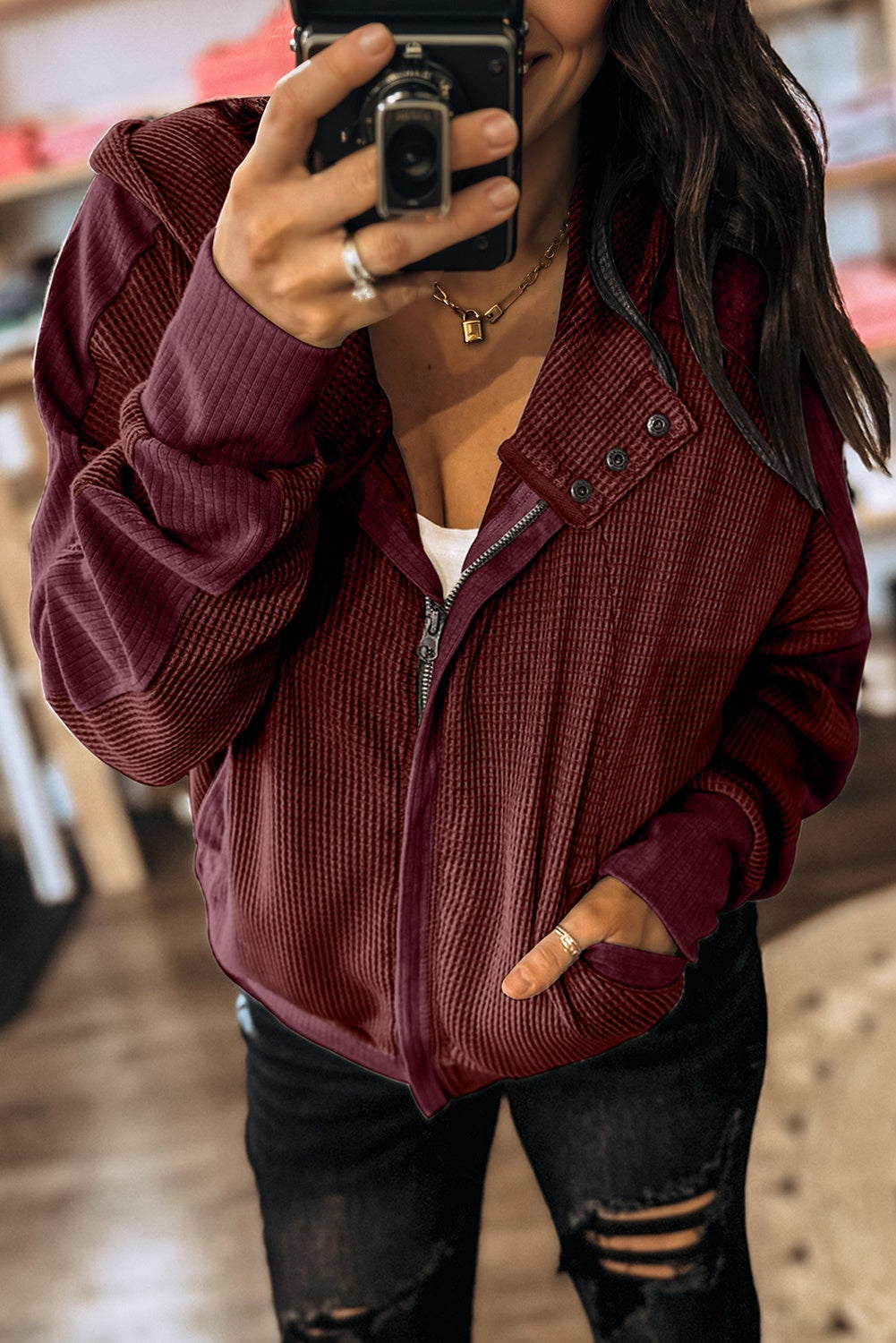 Burgundy Waffle Splicing Zip Up Front Button Hooded Jacket Jackets b49f5ba69c325c0a