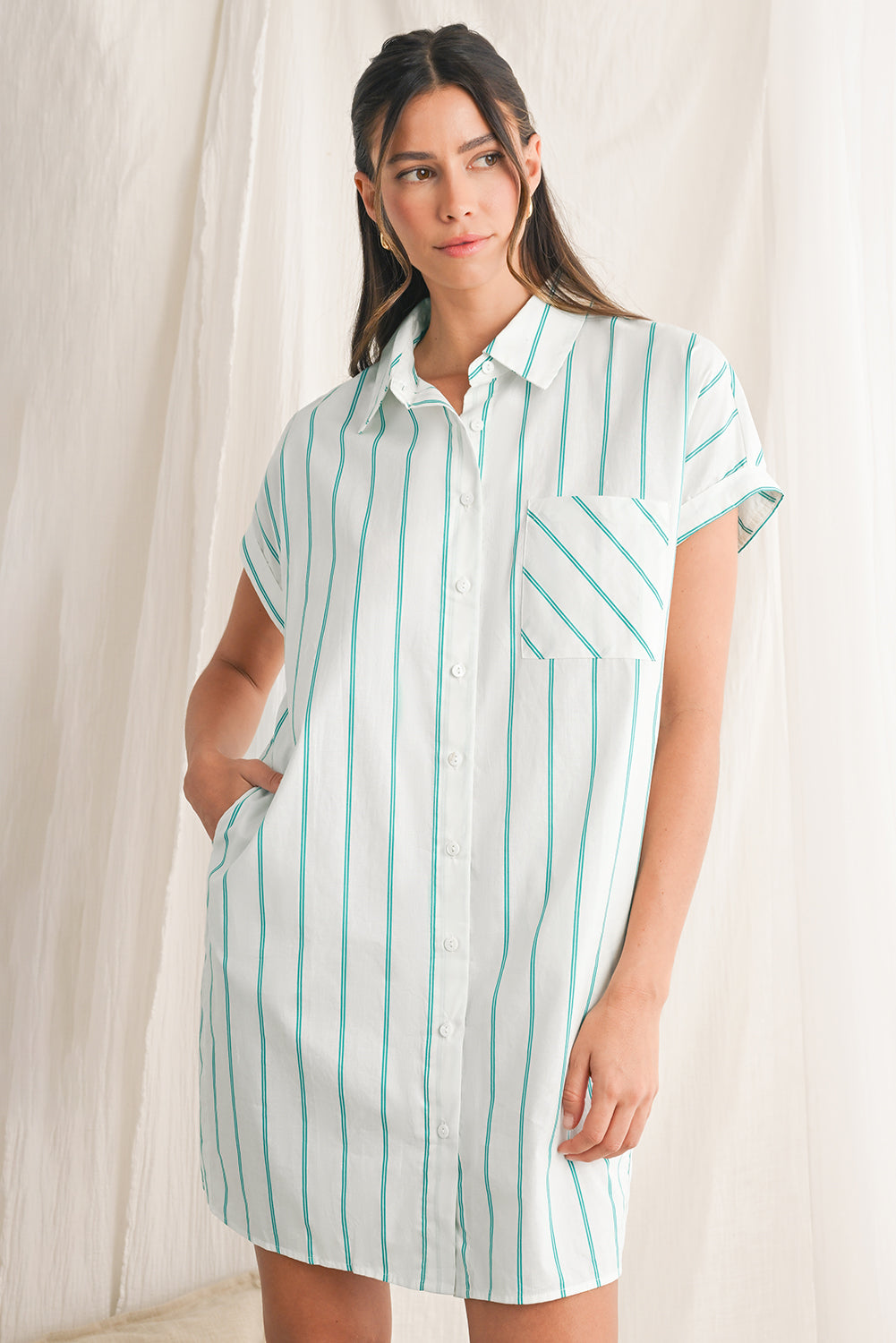 Mint Green Striped Pocket Short Sleeve Mini Dress Short Dresses b4f8bfaeadda291c