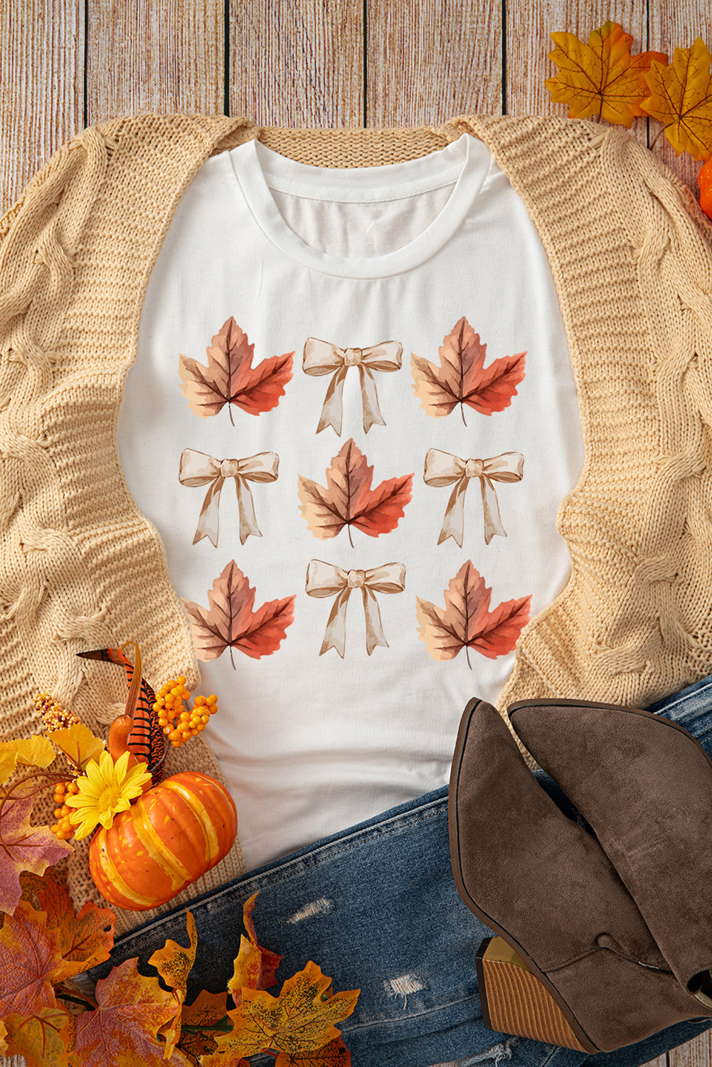 White Fall Leaf Bow Heat Transfer Printing T Shirt Graphic Tees b5090aeff7af3f32