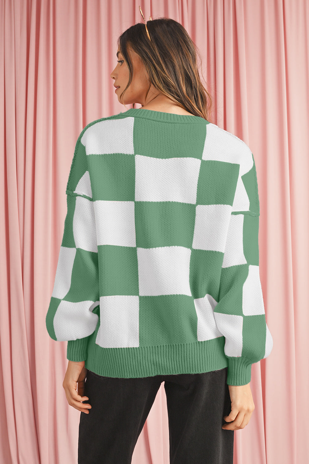 Green Checkered Bishop Sleeve Pullover Sweater Sweaters b5148cd8f743e95d