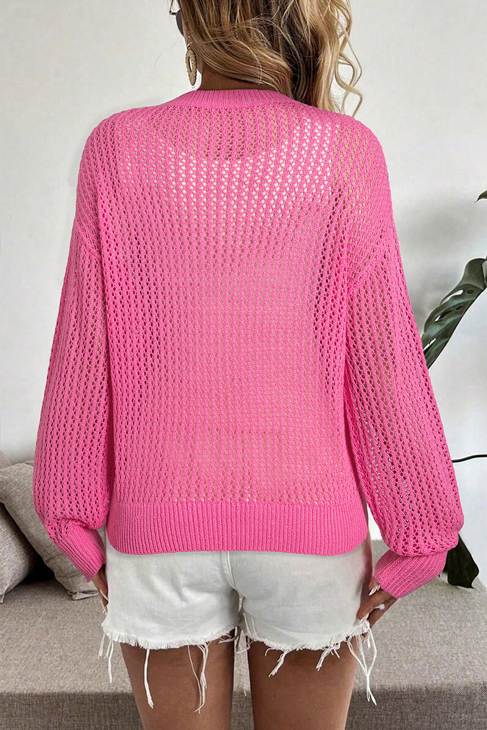 Sachet Pink Sweet Bow Decor Hollow Out Knitted Drop Shoulder Sweater Sweaters b518218b39a43450