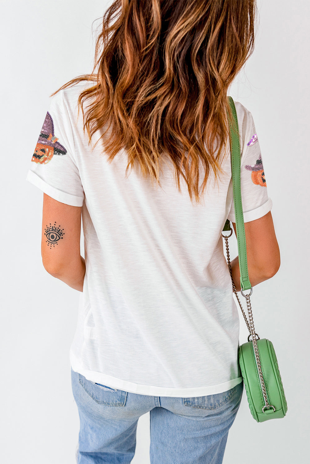 White Pumpkin Witch Sequins Patch Halloween Graphic Tee Graphic Tees b565de6270aa9a4a