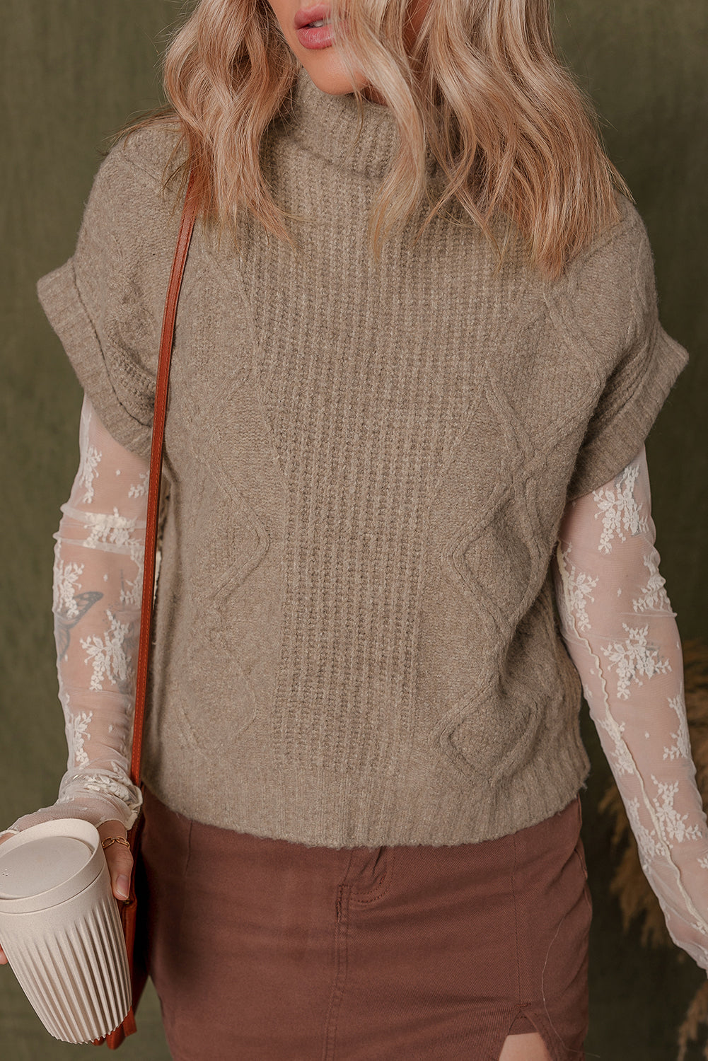 Smoke Gray Textured Knit Mock Neck Short Sleeve Sweater Short Sleeve Sweater b5688e09690034d0